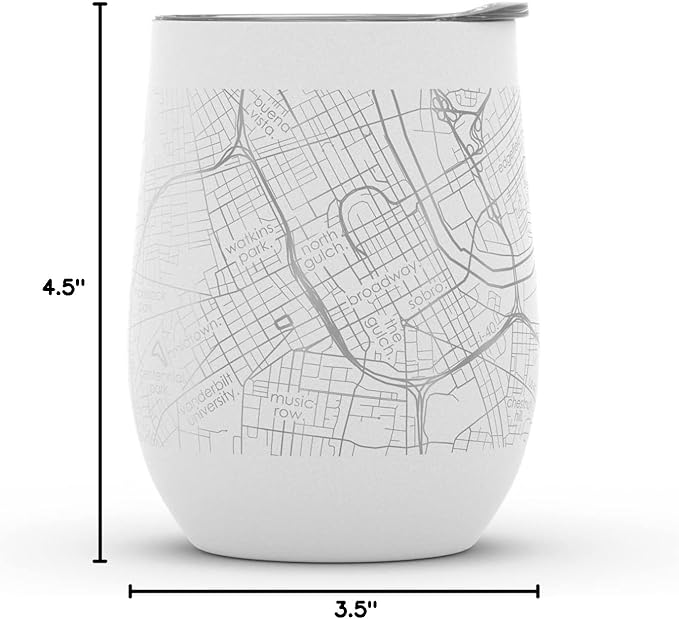 Well Told Engraved Nashville Tennessee Map Insulated Wine Tumbler, Etched Stainless Steel Wine Tumbler (12 oz, White) City Map Insulated Tumbler, Custom Insulated Tumbler, Outdoor Drinkware