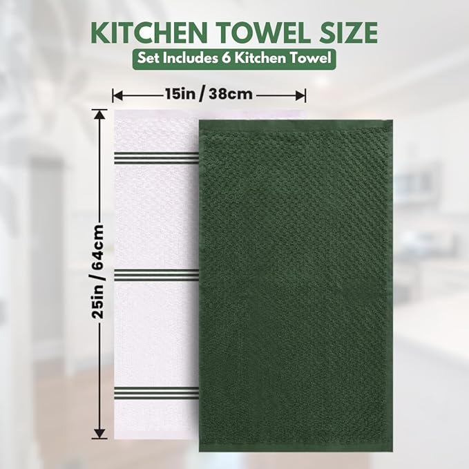 Infinitee Xclusives 100% Cotton Kitchen Towels - 15x25 Inch Ultra Soft Tea Towel, Super Absorbent Terry Dish Towels for Kitchen Linens |Green|
