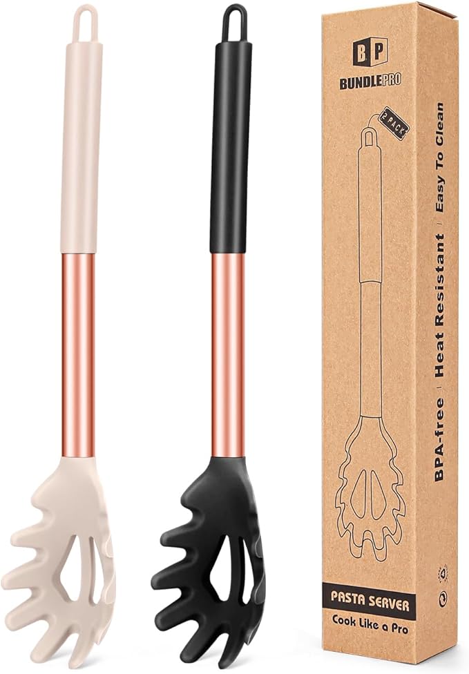 Pack of 2 Silicone Pasta Fork, Kitchen Heat Resistant Noodle Spoon Server, BPA Free Spaghetti Strainer, Best Cooking Tools (ROSE GOLD BLACK-KHAKI)