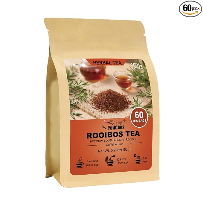 FullChea - Rooibos Tea Bags, 60 Counts - Premium South African Natural Rooibos - Non-GMO - Caffeine-Free - Antioxidant-Rich & Supports Digestion