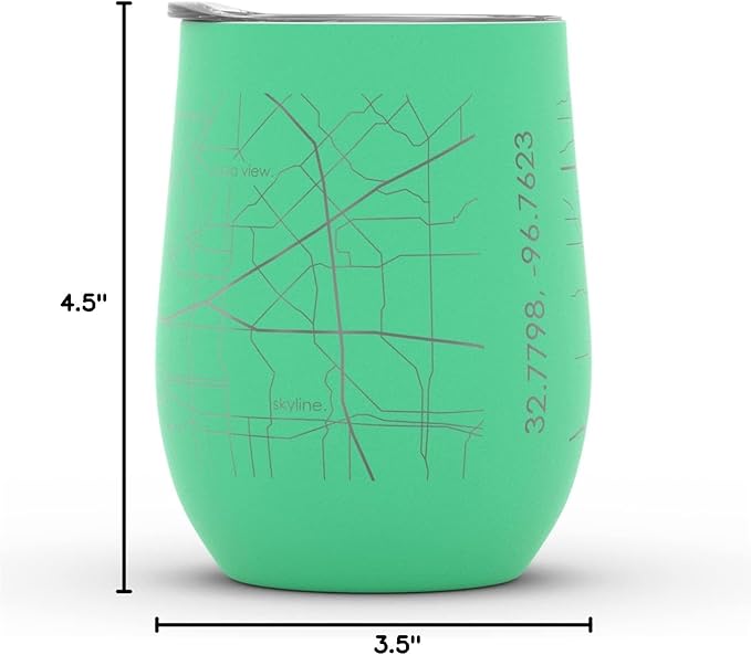 Well Told Engraved Dallas Texas Map Insulated Wine Tumbler, Etched Stainless Steel Cup (12 oz, Sunday Green) City Map Insulated Tumbler, Custom Insulated Tumbler, Outdoor Drinkware