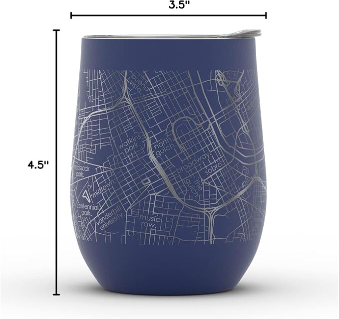 Well Told Engraved Nashville Tennessee Map Insulated Wine Tumbler, Etched Stainless Steel Cup (12 oz, Midnight Blue) City Map Insulated Tumbler, Custom Insulated Tumbler, Outdoor Drinkware