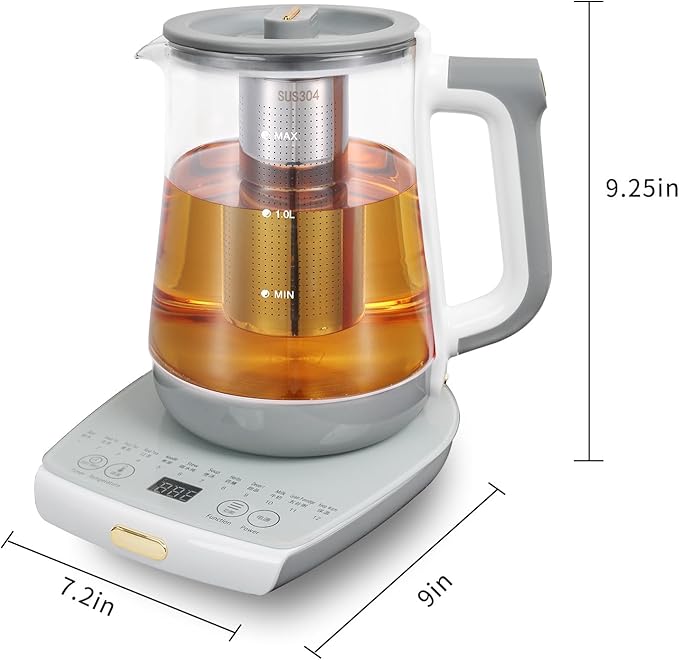 Health pot, Office, Household, Electric Kettle with Infuser, Temperature Control,12 Functional Procedures for Fruit, Flower Tea & Coffee, Glass Large 1.8 Liters of Capacity,Grey