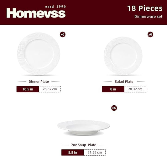 HomeVss, New Bone China Dinnerware Set, Embossed Diamond Design, 18pc Set
