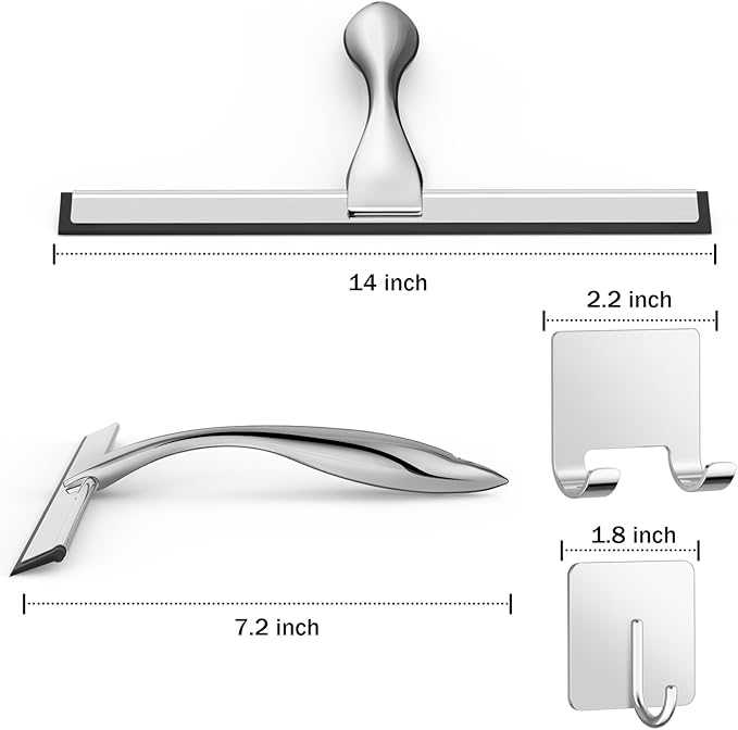 All-Purpose Stainless Steel Shower Squeegee for Shower Glass Door with 2 Adhesive Hooks, Bathroom Cleaner Tool Household Window Mirror Squeegee for Glass Doors, Cleaning Tile Wall, Car, 14 Inch Silver