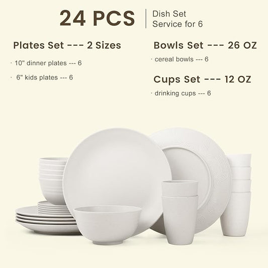 Homienly Premium Wheat Straw Dinnerware Sets - 24 PCS Dinner Plates,Plates,Cereal Bowls,Drinking Cups,Lightweight & Unbreakable Dishes Sets for 6,Dishwasher & Microwave Safe for Home - White