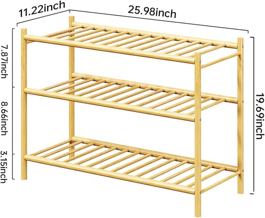 Bamboo Shoe Rack for Closet Small Wooden Shoe Organizer with Pouch, Sturdy Wood Shoe Shelf for Front Door Entrance Entryway and Outdoor, 26 inch Wide (Natural, 3-Tier)