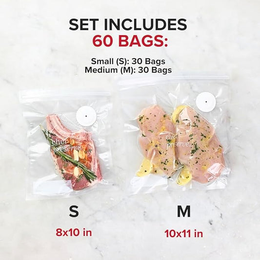 Chef Preserve Reusable Vacuum Sealer Bags for Food β 60 BPA-Free Food Storage Bags, Freezer, Microwave β Odor-Resistant, Leak-Proof β Compatible with Chef Preserve Vacuum Sealers