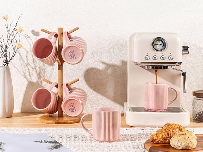 GBHOME 12oz Stoneware Coffee Mugs, Ceramic Coffee Cups with Handle for Man,Woman,Dad,Mom, Modern Coffee Mugs Set of 6 for Latte/Cappuccino/Cocoa/Tea/Cocoa/Milk. Dishwasher&Microwave Safe,Pink