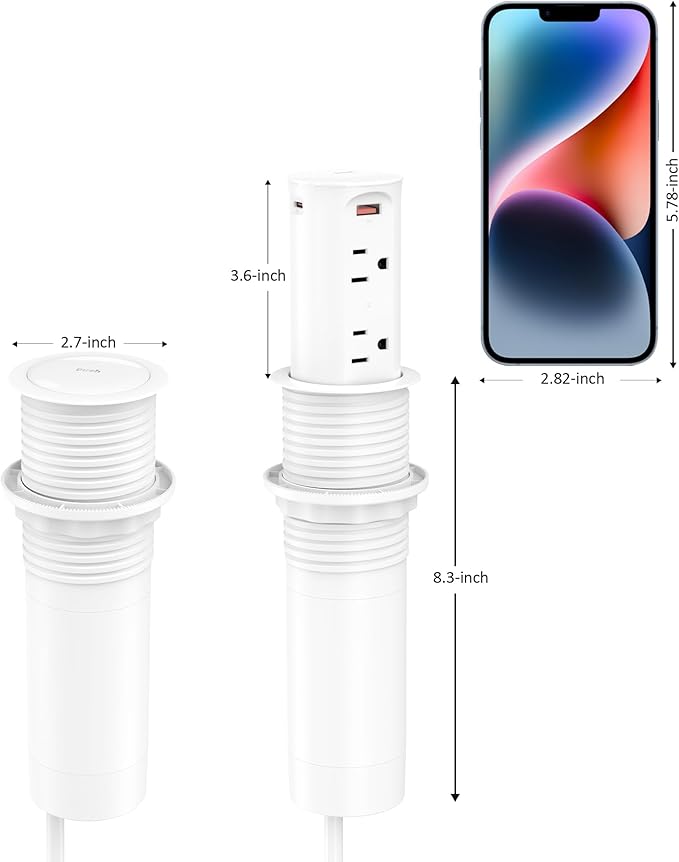 2.5 inch Hole Pop up Outlet for Countertop,20W USB C,4 USB Ports,4 Outlets 15Amp Tamper Resistant Receptacle Flush Mount,Space Saver Recessed Outlet,1875W,ETL Listed