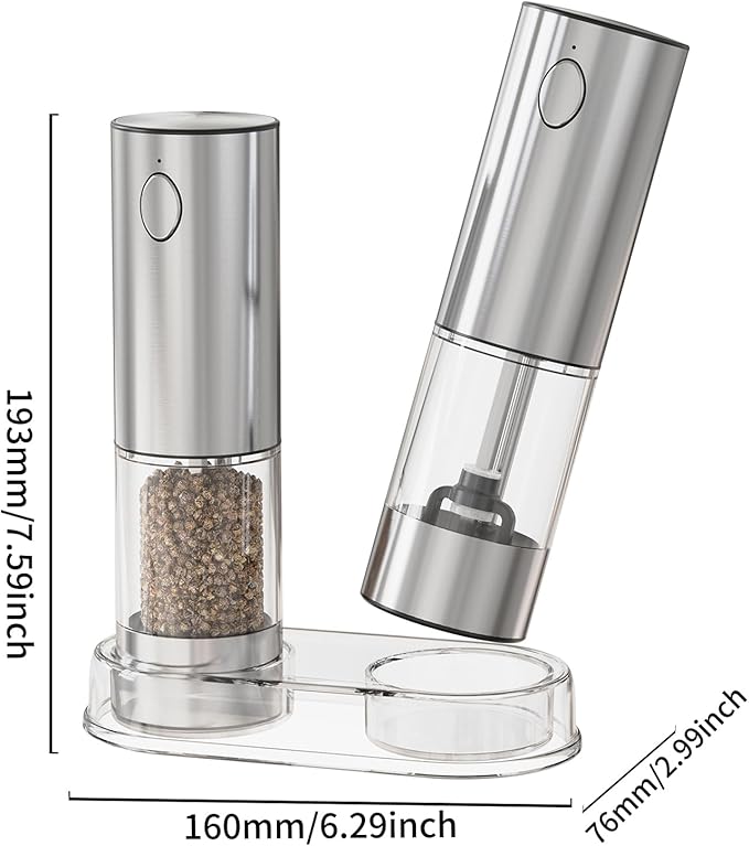 RECHARGEABLE - Electric Pepper and Salt Grinder Set, Adjustable Coarseness, With LED Light, One Hand Automatic Operation (A/Silver)