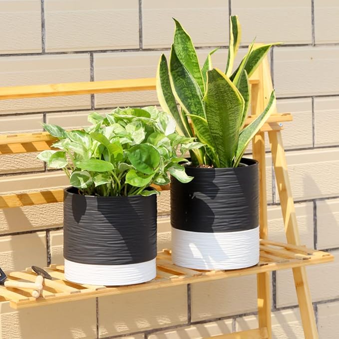 Nihow Ceramic Plant Pot: 6 Inch Planter with Drainage Hole & Saucer for Indoor & Outdoor Plants - Cylinder Round Flower Pot for Succulent/Herbs/Violets - Black & White
