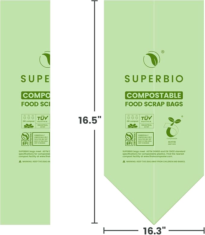 SUPERBIO 2.6 Gallon Compostable Food Waste Bags, 100 Count, 1 Pack, Flat Top Food Scrap Bags, ASTM D6400,Certified by BPI and OK compost INDUSTRIAL,9.84L