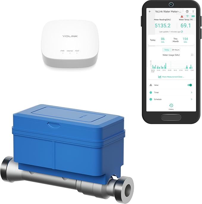YoLink FlowSmart All-in-One: Smart Water Meter & Shutoff for 0.5'' Pipes, NSF Certified, Real-Time Leak Detection, App-Controlled, 10+ Year Battery, YoLink Hub Included – YS5018