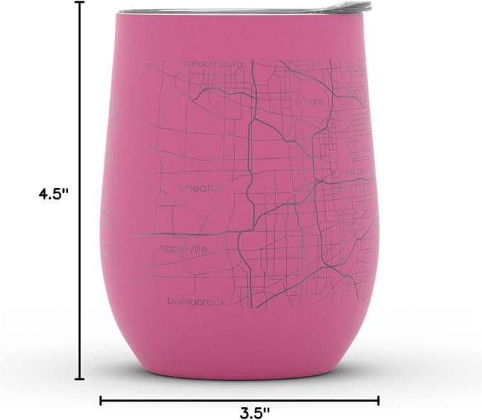 Well Told Engraved Chicago Illinois Map Insulated Wine Tumbler, Etched Stainless Steel Cup (12 oz, Sunset Pink) City Map Insulated Tumbler, Custom Insulated Tumbler, Outdoor Drinkware