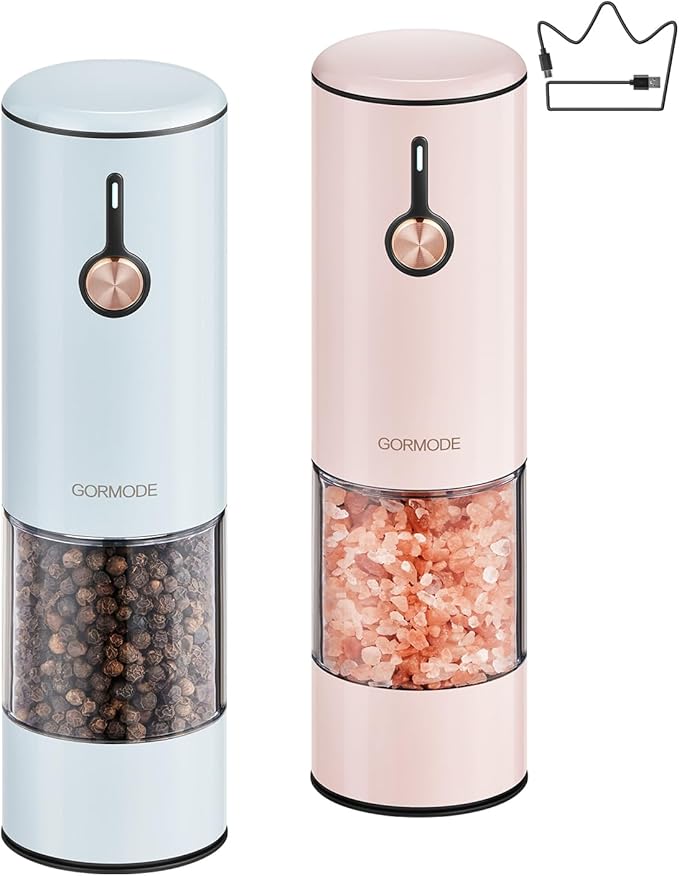 Electric Pepper Grinder and Salt Mill Set - Large Capacity USB Rechargeable Automatic Grinder with Dual LED Lights, One-Handed Operation & Slide Cover - Brushed Stainless Steel