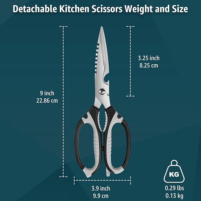 Kitchen Scissors, 9-Inch Heavy Duty Multipurpose Food Cutting Shears, Detachable Dishwasher Safe, Sharp Serrated Blade, Ergonomic Non-Slip Handle for Food, Meat, Herbs, Black