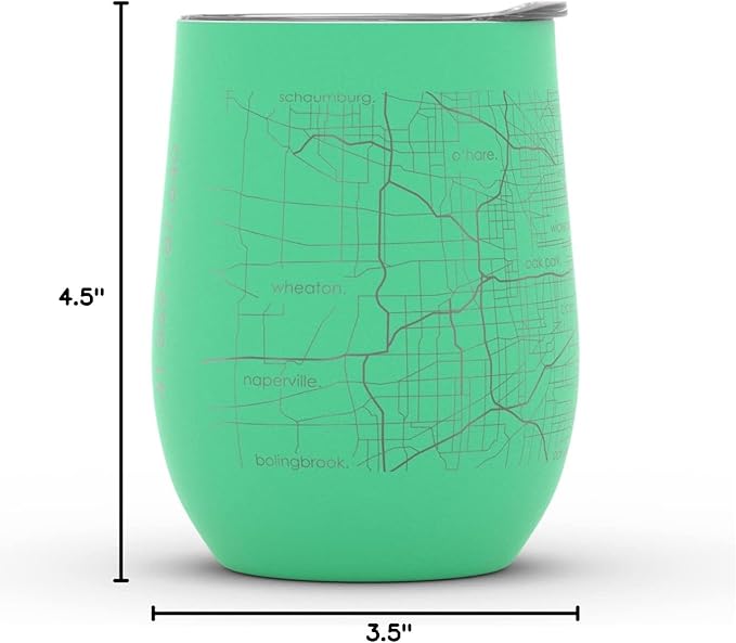 Well Told Engraved Chicago Illinois Map Insulated Wine Tumbler, Etched Stainless Steel Cup (12 oz, Sunday Green) City Map Insulated Tumbler, Custom Insulated Tumbler, Outdoor Drinkware