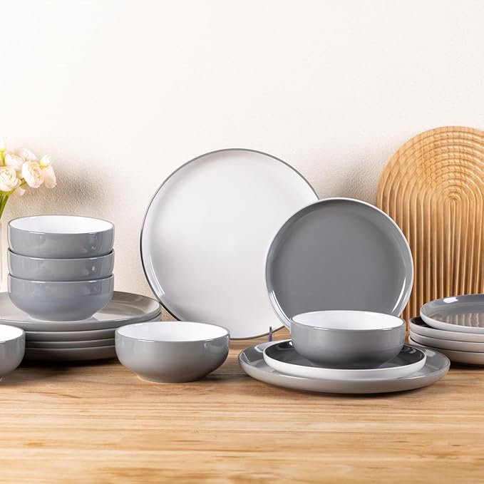 GBHOME 12 Pieces Ceramic Dinnerware Set, Modern White Dish Set for 4,Scratch Resistant Smooth Plates and Bowls Sets,Oven Safe,Microwave & Dishwasher