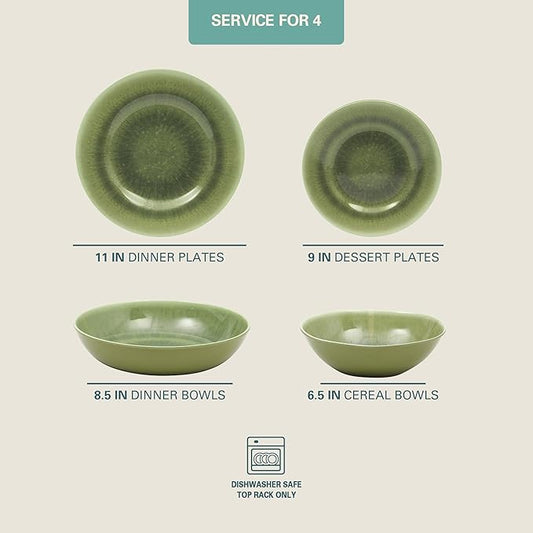 Gibson Home Casper Court 16-Piece Melamine Dinnerware Set β Green Reactive Glaze Look Plates and Bowls, Service for 4 β Top Rack Dishwasher Safe Everyday Dining Set
