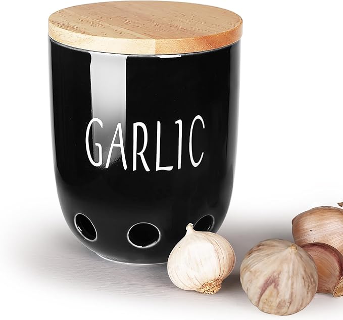 HAOTOP Ceramic Garlic Keeper for Counter, Garlic Saver Container with Wood Lid, Garlic Keeper for Kitchen, Garlic Holder to Keep Your Garlic Cloves Fresh Longer (Black)