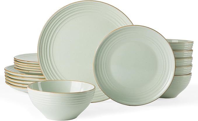 Famiware Jupiter Dinnerware Set, Plates and Bowls Dish Sets for 6 (18 Pieces), Microwave and Dishwasher Safe Stoneware Speckled Tableware, Chip and Scratch Resistant, Light Green
