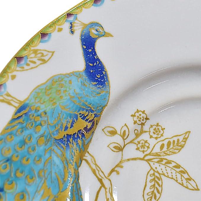 222 Fifth 16-Piece Porcelain Dinnerware Set for 4, Elegant Plates and Bowls Sets-White, Teal, Gold Ceramic Dishes, Chip Proof Kitchen and Dining Dish Set, Microwave & Dishwasher Safe, Peacock Garden