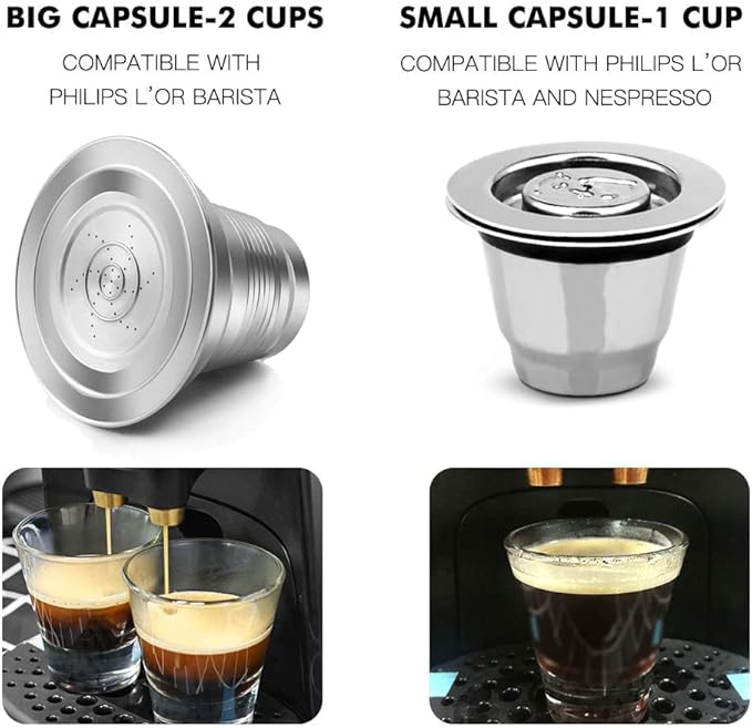 2 Pcs Reusable Stainless Steel Coffee Capsules Compatible with L'OR Barista LM8012 / 60, Refillable Coffee Pods Metal L'or Espresso Pods(Big & Small)