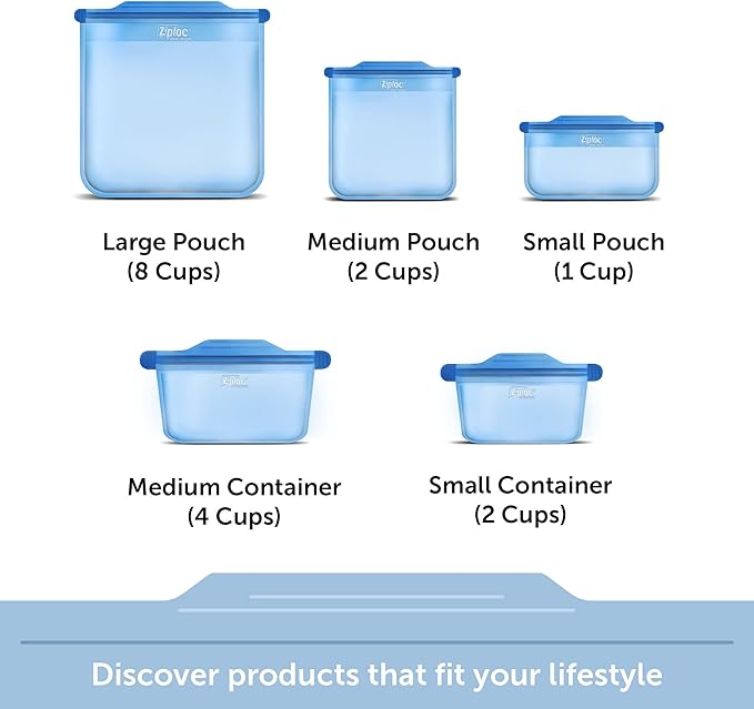 Ziploc Endurables Large Pouch, 8 Cups, Reusable Silicone Bags and Food Storage Meal Prep Containers for Freezer, Oven, and Microwave, Dishwasher Safe