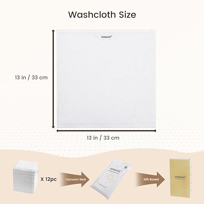 SEMAXE 100% Cotton Washcloths 12-Pack, 13 × 13 Inch Soft Luxury Face Towels – Super Absorbent & Quick-Dry, Premium Cloth with Hanging Loop, Oeko-TEX Certified, Gift-Ready Box
