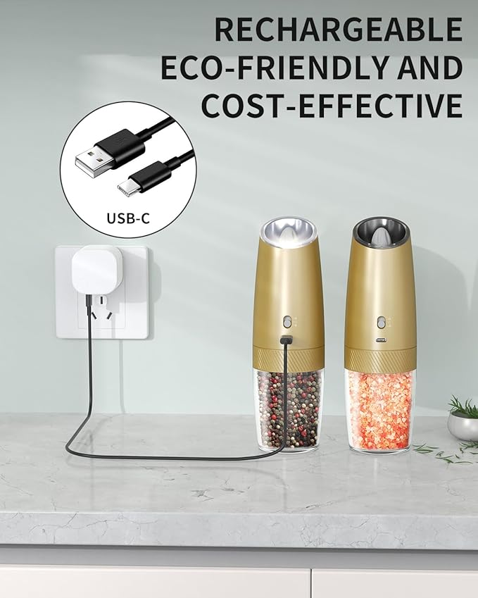CIRCLE JOY Gravity Electric Salt and Pepper Grinder Set with 2-Speed, Rechargeable Salt and Pepper Grinder Set, Adjustable Coarseness, Whiet LED Light