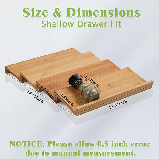 Bamboo Spice Drawer Organizer, 4 Tier Stackable Spice Rack for Cabinet, Seasoning Storage Organization,13'' Wide