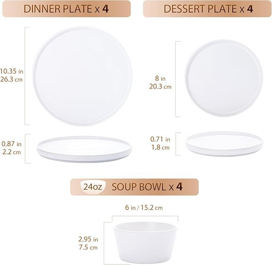 Dinnerware Sets for 4 - CJDC-QUELO 12-Piece Stoneware Plates and Bowls Sets, Ceramic Dishware Sets for Kitchen Use and Formal Dining, Chip and Scratch Resistant Microwave Dishwasher Safe, White