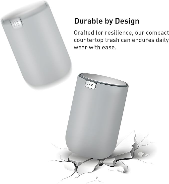 EKO Mini Desk Trash Can with Swing-Top Lid 0.4 Gallon Small Table Round Wastebasket for Office, Home, Car (Grey)