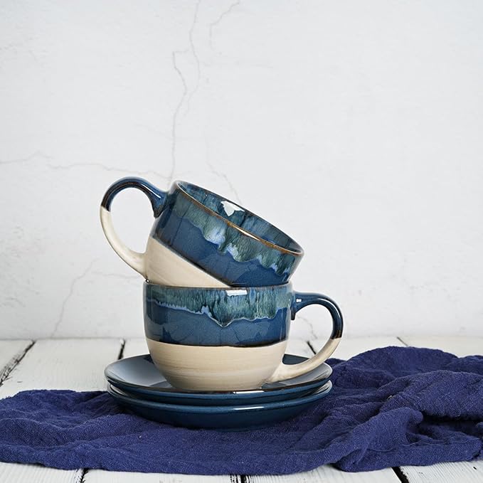 Bosmarlin Ceramic Cappuccino Cup and Saucer Set of 2, 10 Oz, Coffee Cups for Latte, Espresso, Tea, Dishwasher and Microwave Safe, Reavtive Glaze (Deep Blue)