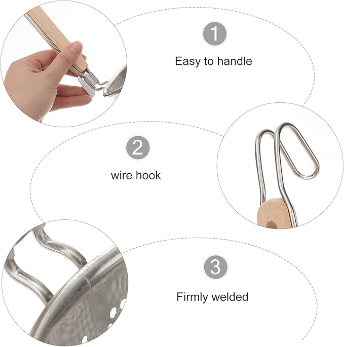 Angoily Mesh Pasta Basket Food Strainer Hot Pot Colander with Round Wooden Handle Stainless Steel Mesh Spider Strainer for Pasta Noodles Dumpling Vegetable