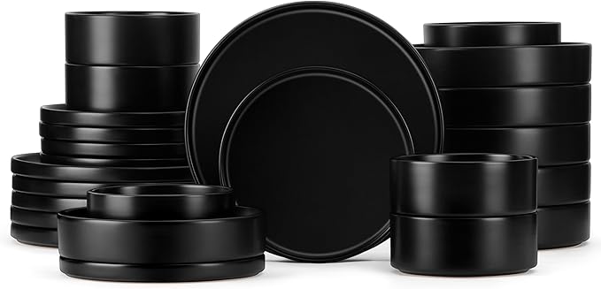 Herogo Dinnerware Sets with Pasta Bowls for 6, 24 Piece Dinner Salad Plates and Cereal Serving Bowls, Stoneware Dishes Dinner Ware for Home Kitchen, Dishwasher & Microwave Safe, Matte Black