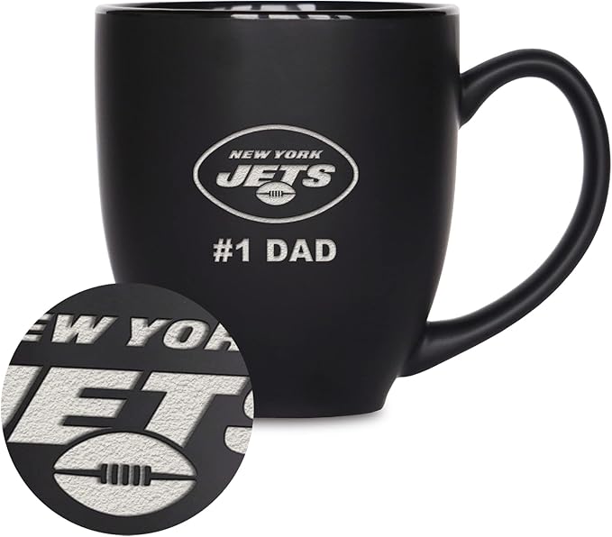 Rico Industries NFL Football #1 Dad 15oz Laser Engraved Matte Black Ceramic Bistro Mug - for Hot or Cold Drinks