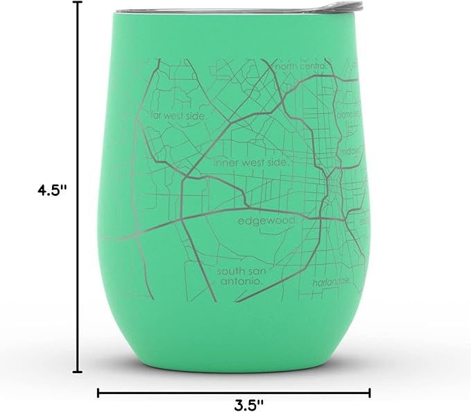 Well Told Engraved San Antonio Texas Map Insulated Wine Tumbler, Etched Stainless Steel Cup (12 oz, Sunday Green) City Map Insulated Tumbler, Custom Insulated Tumbler, Outdoor Drinkware
