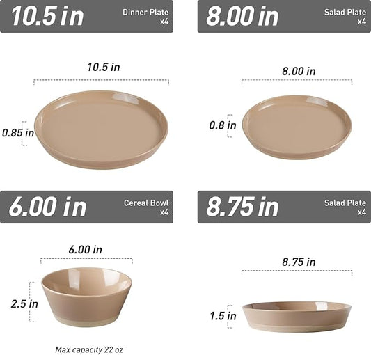 Famiware Saturn Dinnerware Set with Pasta Bowl, 16 Pieces Dish Set, Plates and Double Bowls Sets for 4, Chip and Scratch Resistant, Microwave and Dishwasher Safe Tableware, Cinnamon Brown