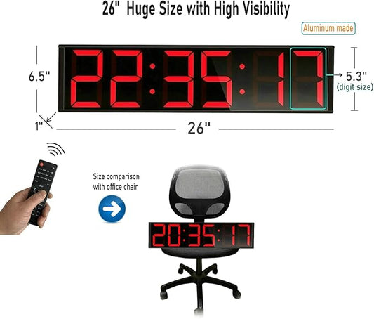 26'' Huge Digital Wall Clock, Home Gym Interval Workout Timers, with Countdown, Stopwatch, 7-Color Light, 8-Alarms, Calendar/Temperature Display, for HIIT/Tabata/FGB/EMOM (Red)