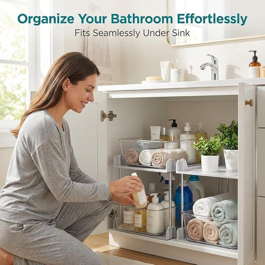 2 Pack Bathroom Organizers and Storage,2-Tier Clear Under Sink and Pull-Out Cabinet Organizer with Track for Kitchen, Pantry,Vanity Countertop,Medicine Cabinet,Closet Drawer Bins (White)