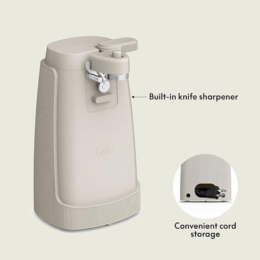 bella Electric Can Opener and Knife Sharpener, Removable Cutting Lever, Cord Storage, Stainless Steel Blade, Oatmilk