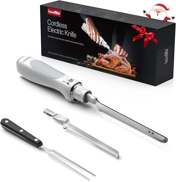 New Upgrade Cordless Electric Knife, Serrated Blade Knife for Turkey, Meat Slicing, Fillet, Bread, Ergonomic Design Cutting Knifes with Comfortable Contoured Grip, USB-C Rechargeable, Easy-Slice,White