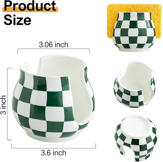 Kitchen Sponge Holder, Ceramic Sponge Organizer Checkered Scrubby Holder Sink Caddy Scrub Dish Rack for Kitchen, Bathroom, Sink, Christmas Decor, Green and White