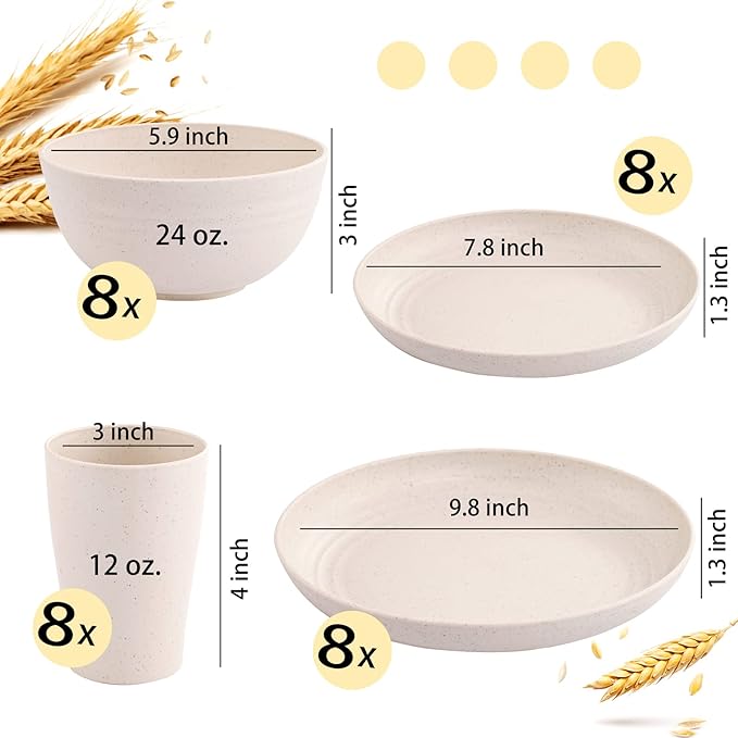 Supernal Wheat Straw Dinnerware Sets,Dish Sets for 8,Plates and Bowls Set Dishwasher Safe,Unbreakable Dinnerware,Reusable Tableware Set,Beige Color 16pcs Plates, 8pcs Bowls, 8pcs Cups.