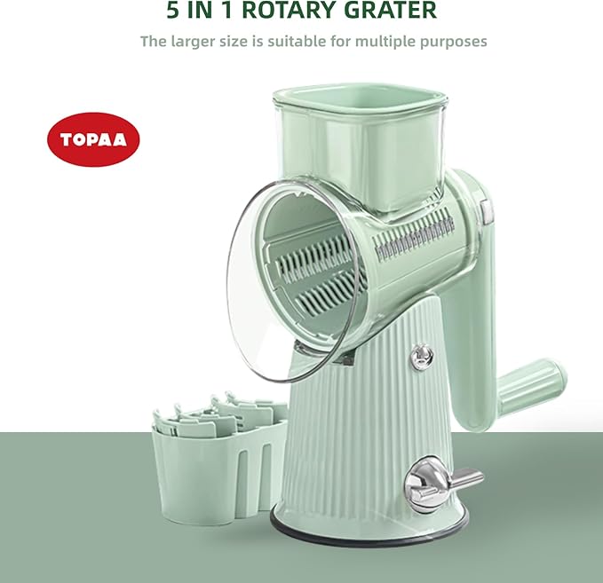TOPAA Rotary Cheese Grater with Handle Vegetable Shredder with 5 Blades, Round Mando line Slicer and Food Chopper for Kitchen (Green)