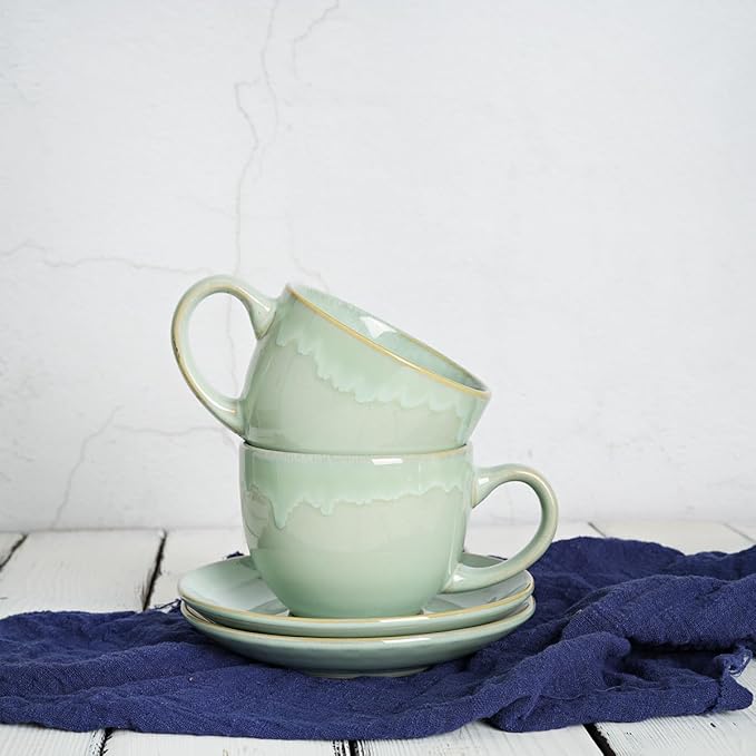 Bosmarlin Ceramic Cappuccino Cup and Saucer Set of 2, 10 Oz, Coffee Cups for Latte, Espresso, Tea, Dishwasher and Microwave Safe, Reavtive Glaze (Green)