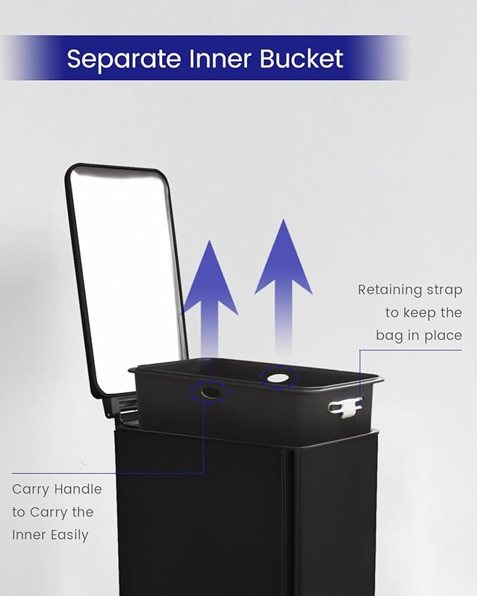 Kitchen Rubbish Bin, 45 Litre Waste Bin, Large Pedal Bin, Kitchen Rubbish Bin with Softclose Lid and Inner Bin, Slim Pedal Bin for Kitchen, Bathroom and Office, Black