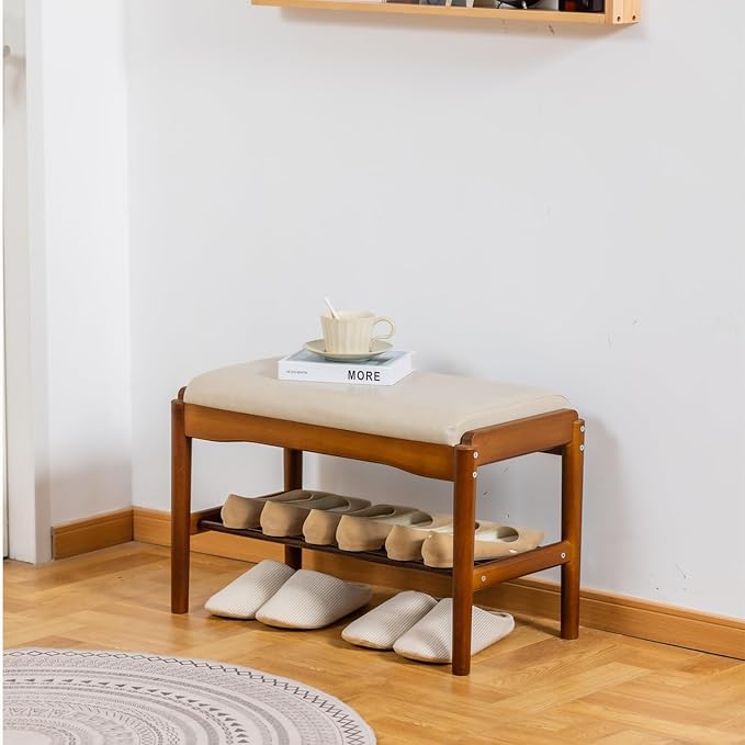 latifolia Small Shoe Bench, Solid Wood Bench with Cushion, 2 Tier Shoe Storage Organizer for Entryway(Walnut,23.62''L)